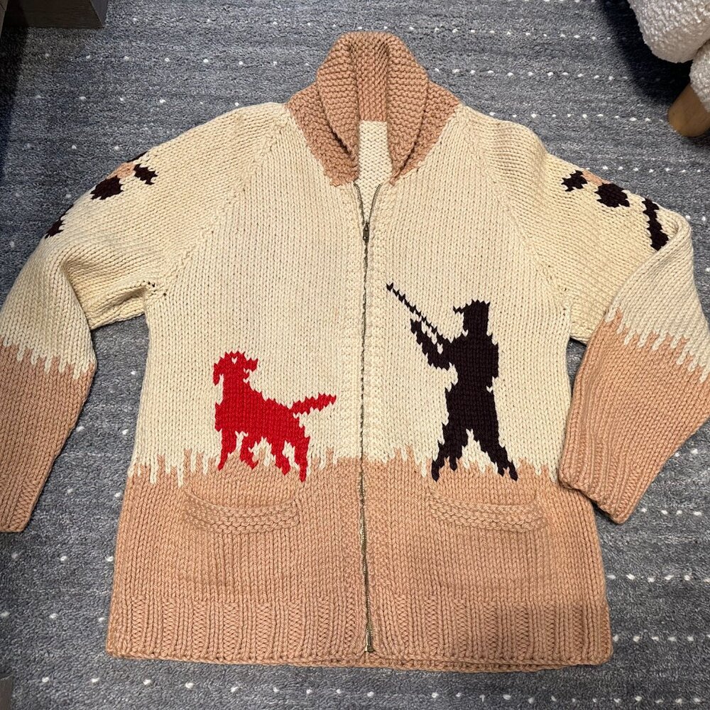 Vintage 50's Mary Maxim Cowichan Sweater Hand Woven Wool Hunting Dog Pheasant